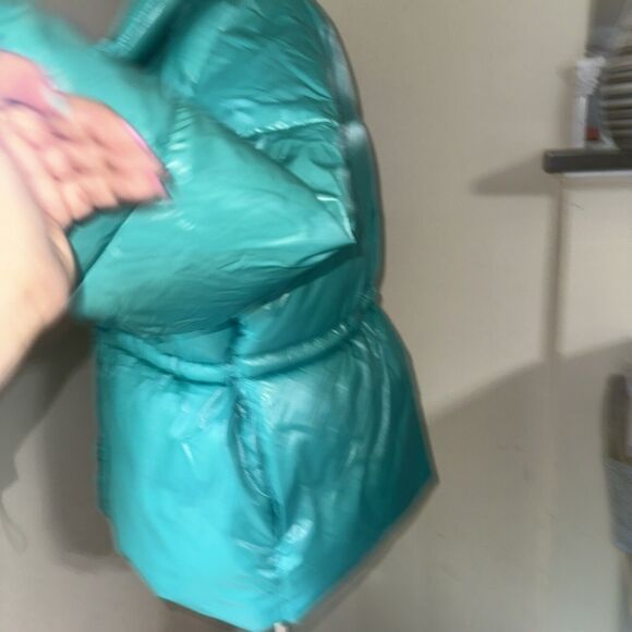 A New Day Women's Green Mid Length Puffer Coat Zip Snap Collared Size Large EUC - Picture 6 of 16